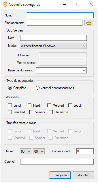 Écran de configuration pour l'ajout/modification d'une copie de sauvegarde de base de données.